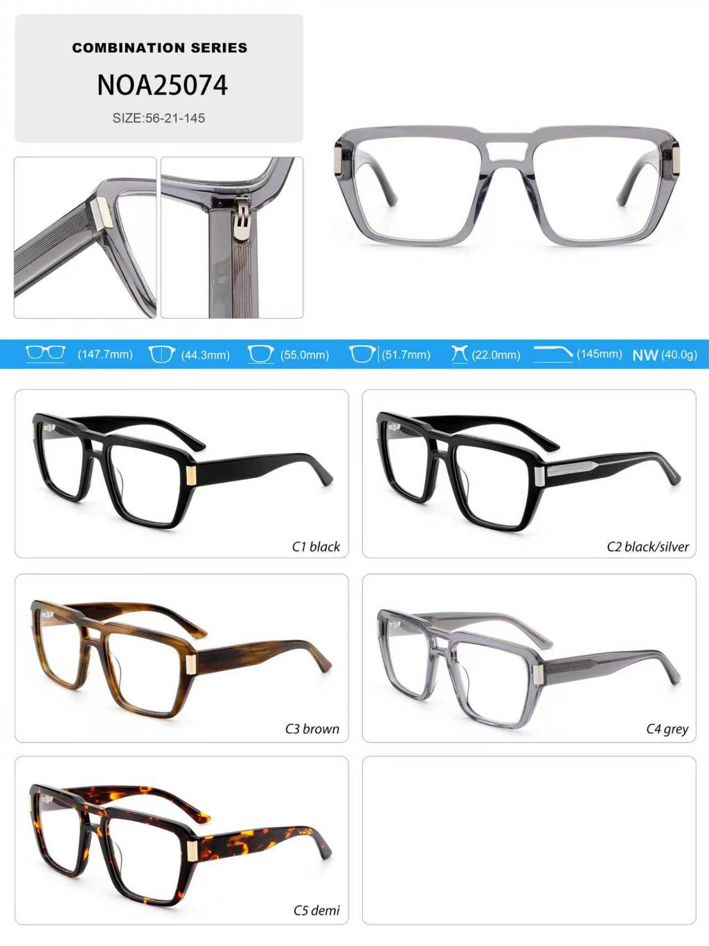 NOA25074(MB1615) Men style Acetate frame with metal temples